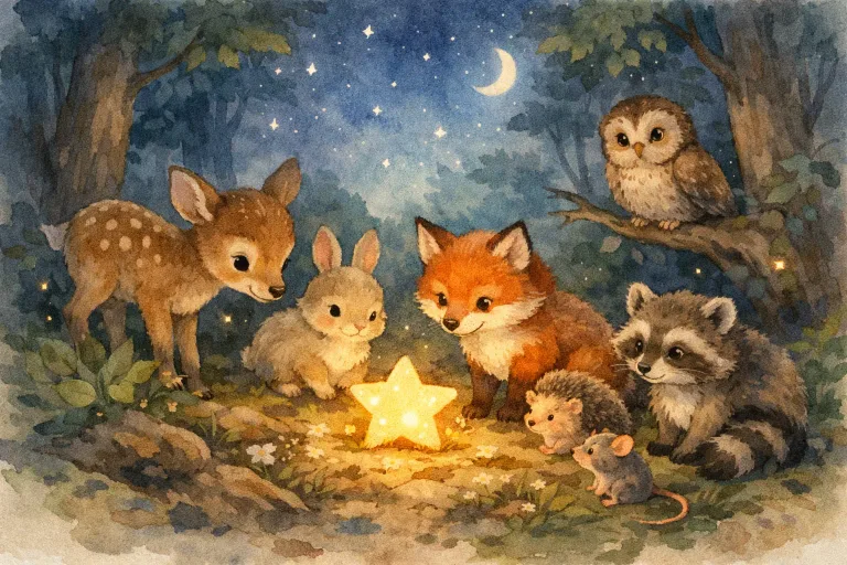A shining star among trees with animals gathered around at night