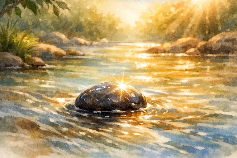 A shiny pebble sparkling in a flowing river in sunlight