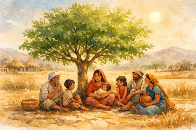 A young tree growing in a dry landscape with villagers resting underneath