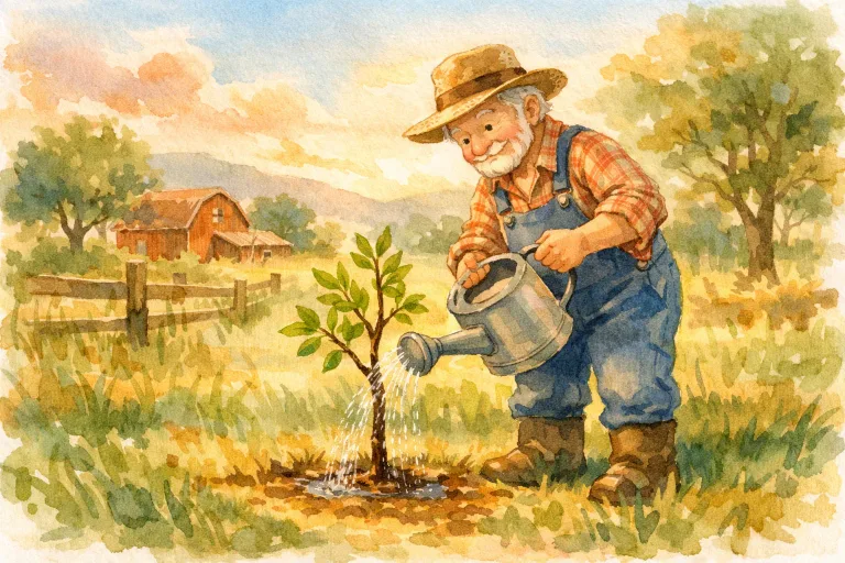 A farmer tending to a young tree in a field, illustrating patience for Story 5