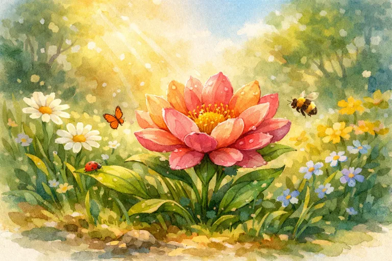 A colorful flower blooming in a garden, symbolizing patience for Story 6