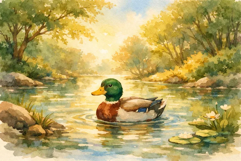 A peaceful river with a young duck floating calmly, illustrating patience for Story 4