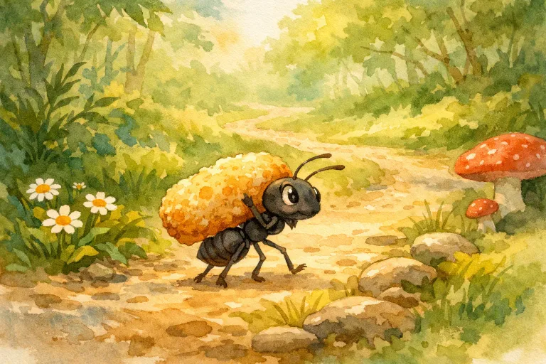 An ant carrying a crumb over a long path, symbolizing patience for Story 3