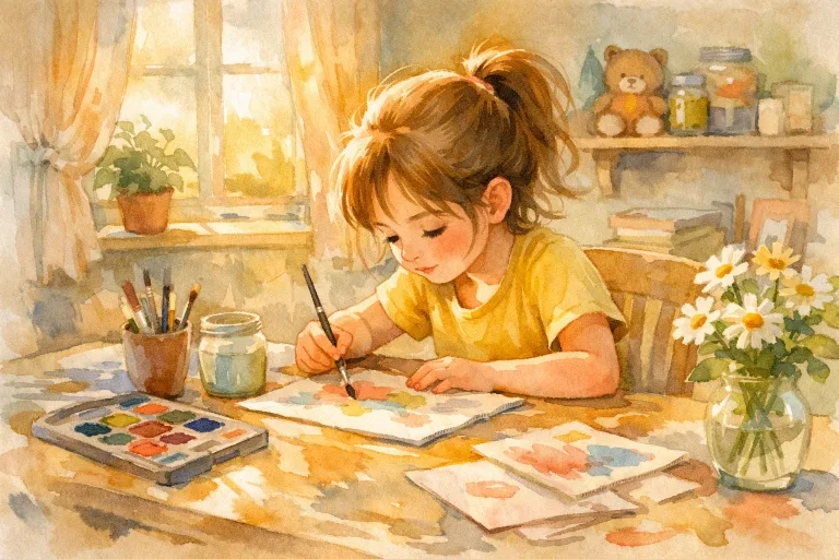 A girl painting with concentration, illustrating patience for Story 7