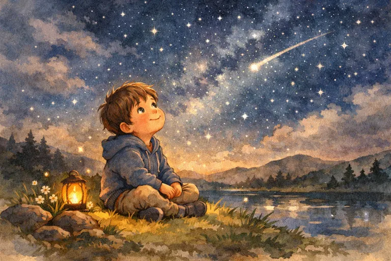 A child watching the night sky, excited for a star to appear, illustrating patience for Story 8
