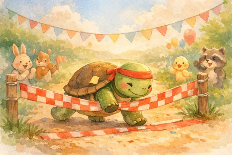 A turtle slowly crossing a finish line, illustrating perseverance for Story 2