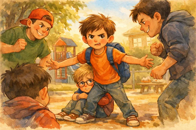 boy defending his friend from bullies, with a determined expression