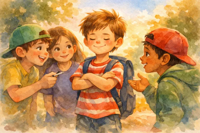 boy confidently saying no to peer pressure, with friends in the background