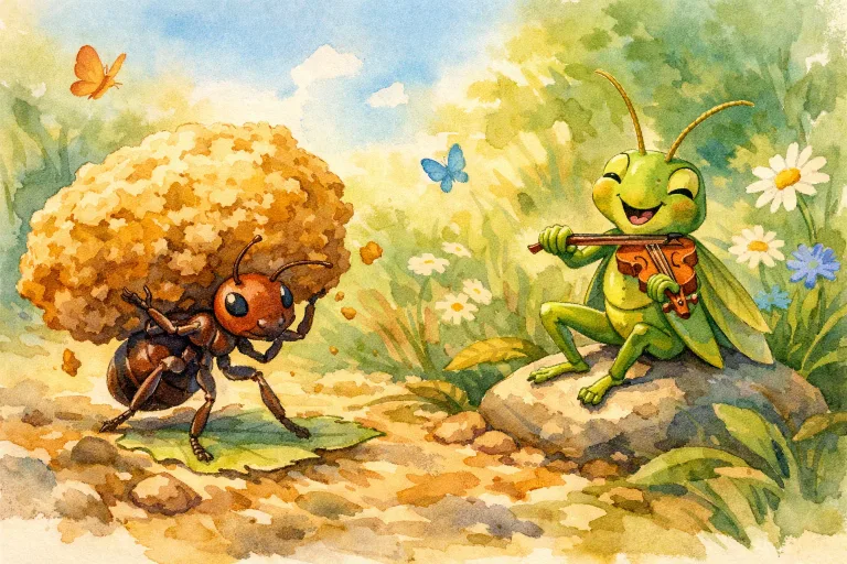An ant carrying food while a grasshopper plays nearby