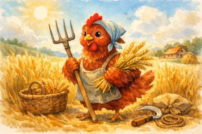 The Red Hen working in the field with wheat and tools