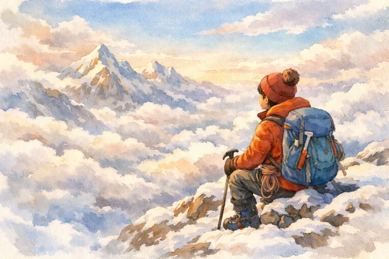 A mountain climber near the mountain’s peak, looking out at the view