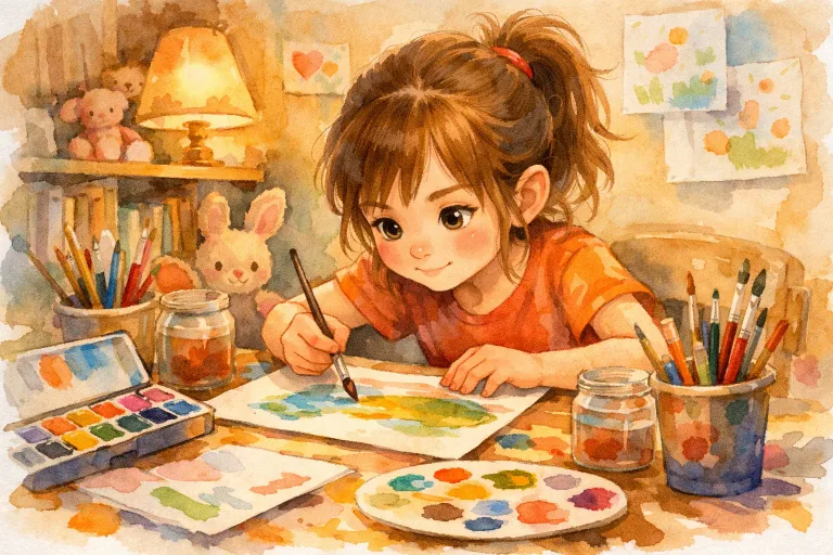 A girl painting with focused determination, surrounded by colorful art supplies