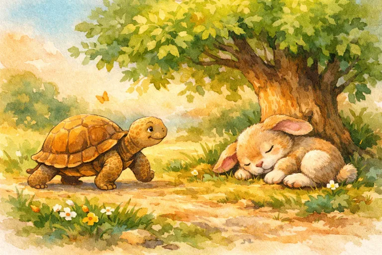 A tortoise slowly walking past a sleeping hare under a tree