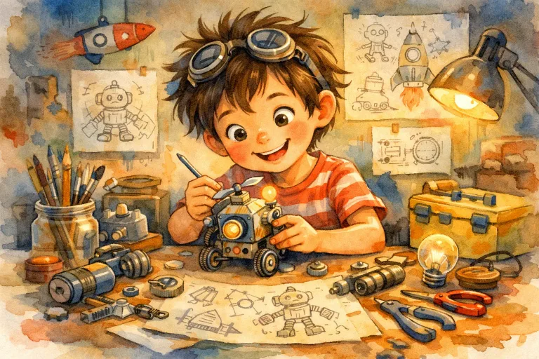 A young boy working on an invention with tools and parts