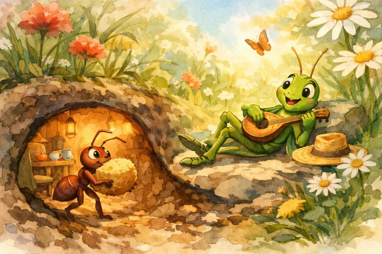An ant carrying food to her home while a grasshopper lounges in the sun