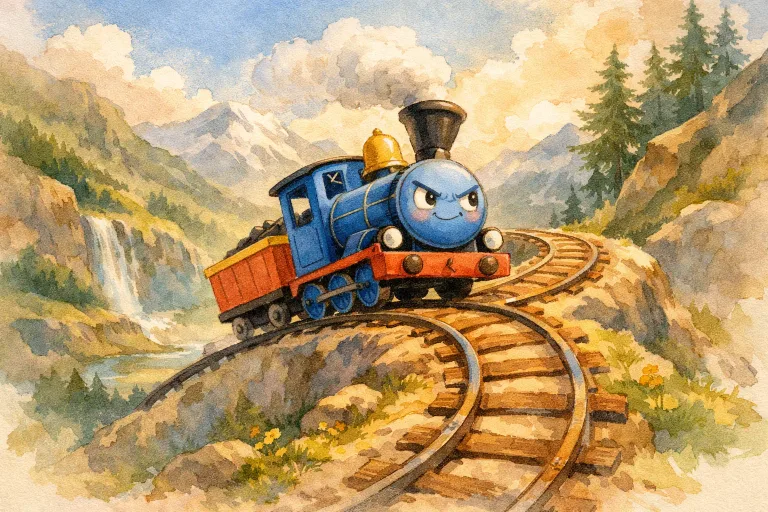 A small blue engine climbing a mountain track, smiling with determination