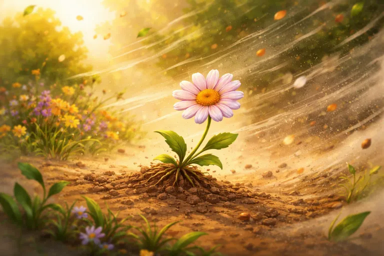 A resilient flower standing tall in a garden during a storm