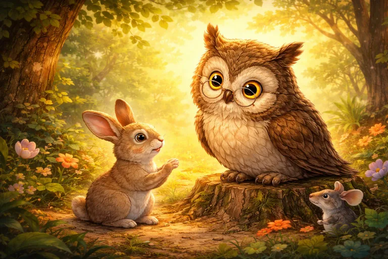An owl listening attentively to a rabbit in a forest