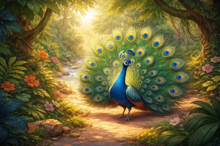 A proud peacock showing off its colorful feathers in the jungle