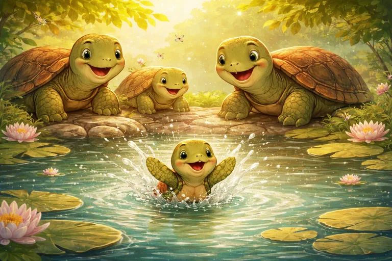 A small turtle trying to make a big splash in a pond