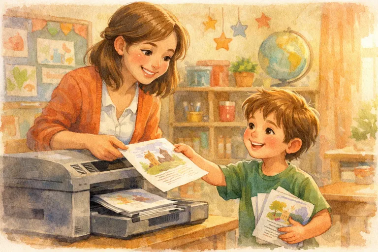 A cheerful teacher and student using a classroom printer with printed moral story sheets, ready for a lesson