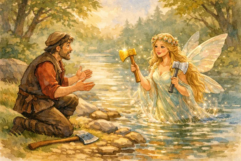 A gentle storybook scene of the honest woodcutter beside a sparkling river, with a magical fairy emerging from the water offering golden and silver axes