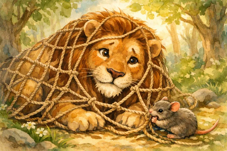 A friendly lion and tiny mouse in a lush green forest, the mouse nibbling through ropes to free the lion from a hunter's net