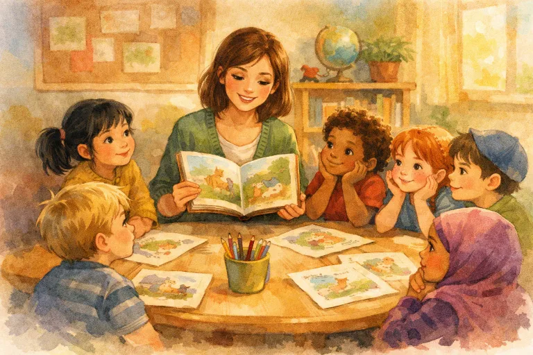 A warm, inviting storybook illustration showing a teacher reading to a group of children gathered around, with story pages and pencils on the table
