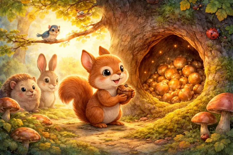 Illustration for The Wise Little Squirrel and the Hidden Acorns