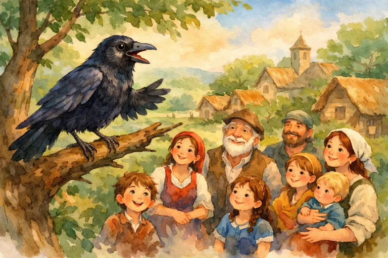 A wise crow warning villagers to prepare for rain with a backdrop of lush fields