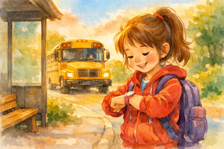 A cheerful girl waiting at the bus stop with her backpack and watch, ready for her school trip