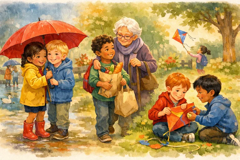 children helping each other with small acts of kindness in a vibrant park