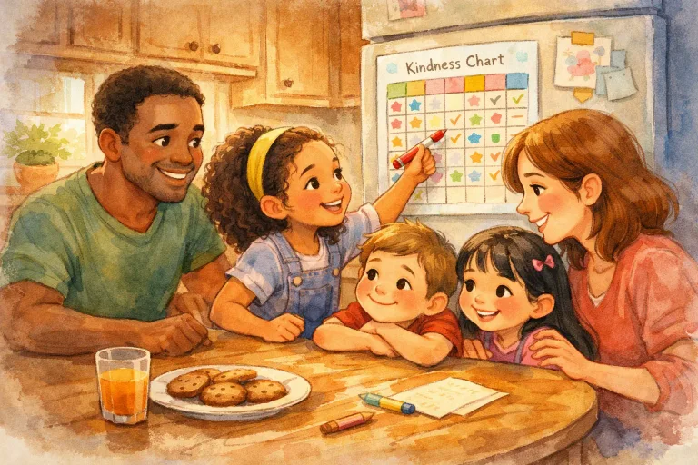 family gathered around a kindness chart, smiling and discussing