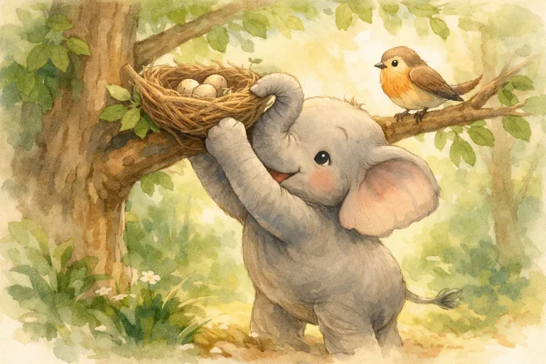 young elephant gently helping a bird in a lush forest
