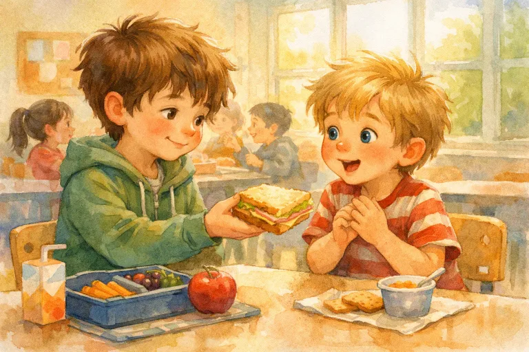 child sharing lunch with friend in a cheerful school cafeteria