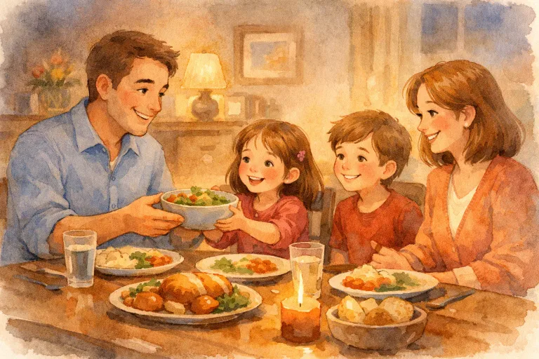 A family sitting at the dinner table showing good manners