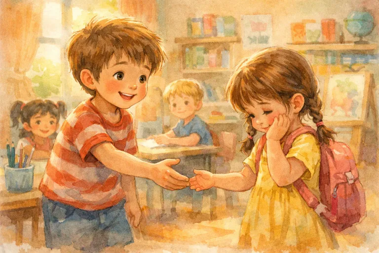 A child warmly greeting a new student in the classroom