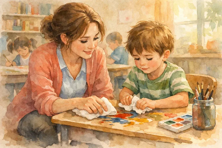 A teacher gently helping a student clean up paint
