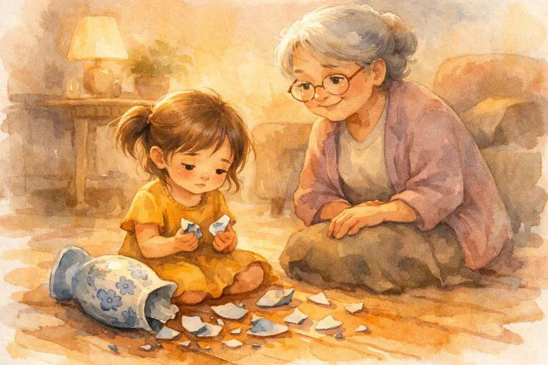 Emma holding broken vase pieces with her grandmother comforting her