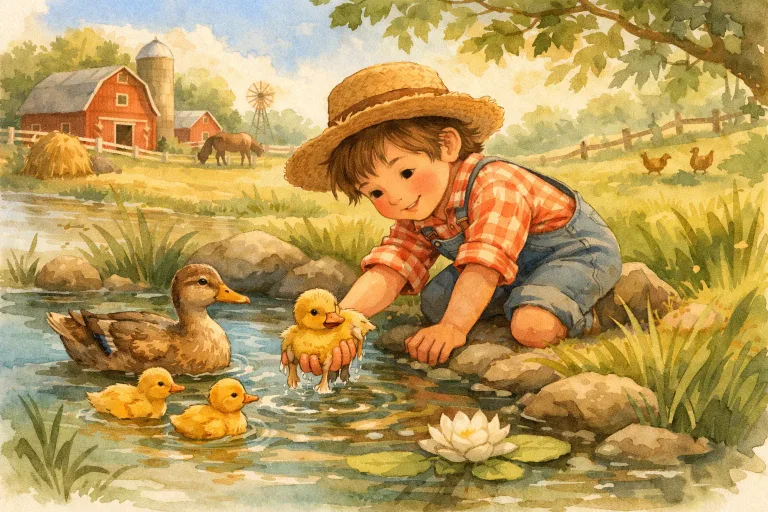 Tom rescuing a duckling from a pond on the farm