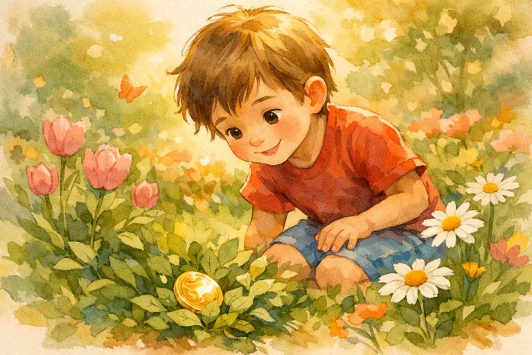 Liam watering flowers in the garden with a shiny coin among the plants