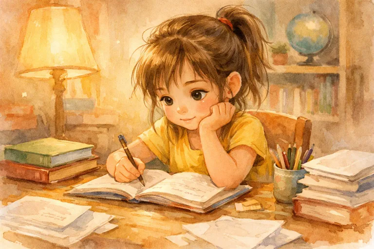 Sara sitting at her desk with her incomplete homework, looking determined