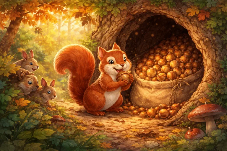Illustration for The Selfish Squirrel and the Acorn Treasure