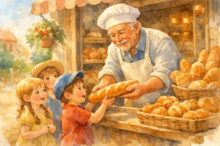 A baker sharing bread with children outside his shop, watercolor style, cozy scene, inviting colors, no text, no logo