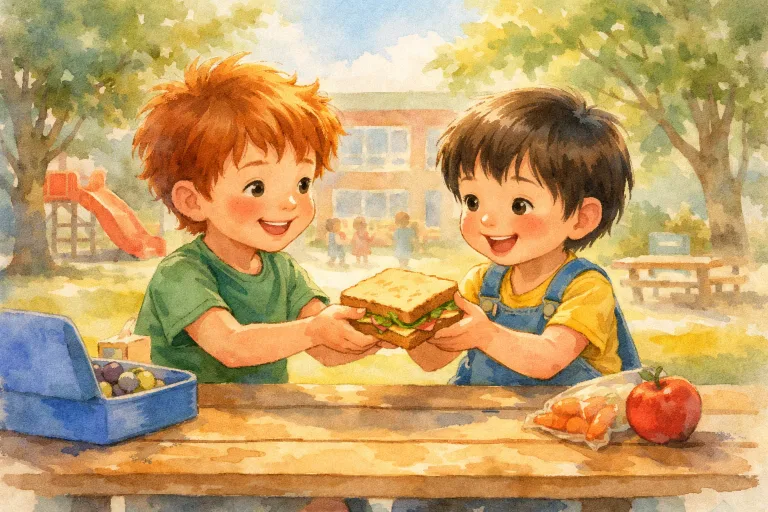 Child sharing a sandwich with a friend at school, watercolor style, warm tones, cheerful atmosphere, suitable for children, no text, no logo