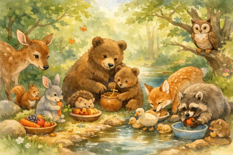 Animals sharing resources in a lush forest, watercolor style, soft lighting, joyful scene, no text, no logo