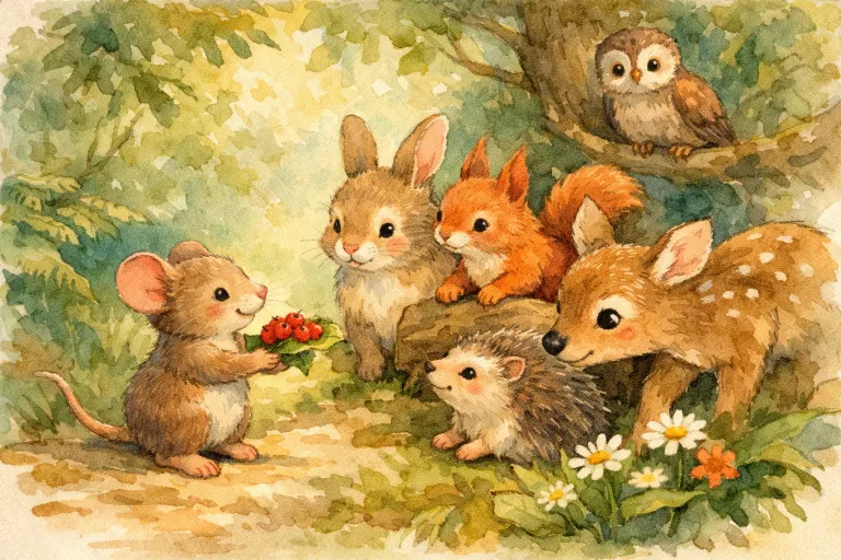 A tiny mouse sharing berries with forest friends, watercolor style, warm colors, friendly scene, no text, no logo