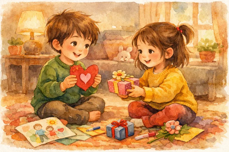 Two friends exchanging gifts and cards, watercolor style, warm, inviting scene, no text, no logo