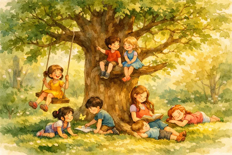 The Giving Tree with children playing under her branches, watercolor style, soft lighting, family-friendly illustration, no text, no logo, no watermark
