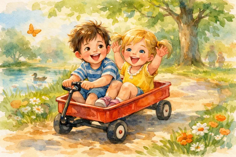 Two children sharing a red wagon in a park, watercolor style, gentle lighting, joyful scene, suitable for children, no text, no logo